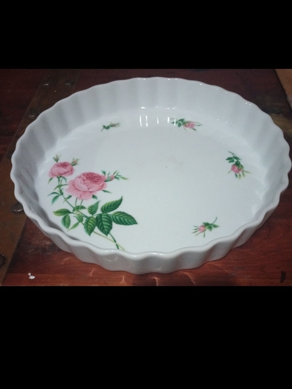 Vintage White Ceramic Tart Dish with Pink Rose Pattern